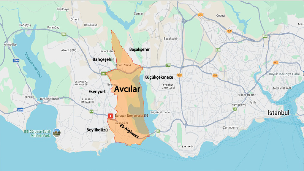 نقشه موقعیت منطقه آوجیلار در استانبول و مناطق همسایه