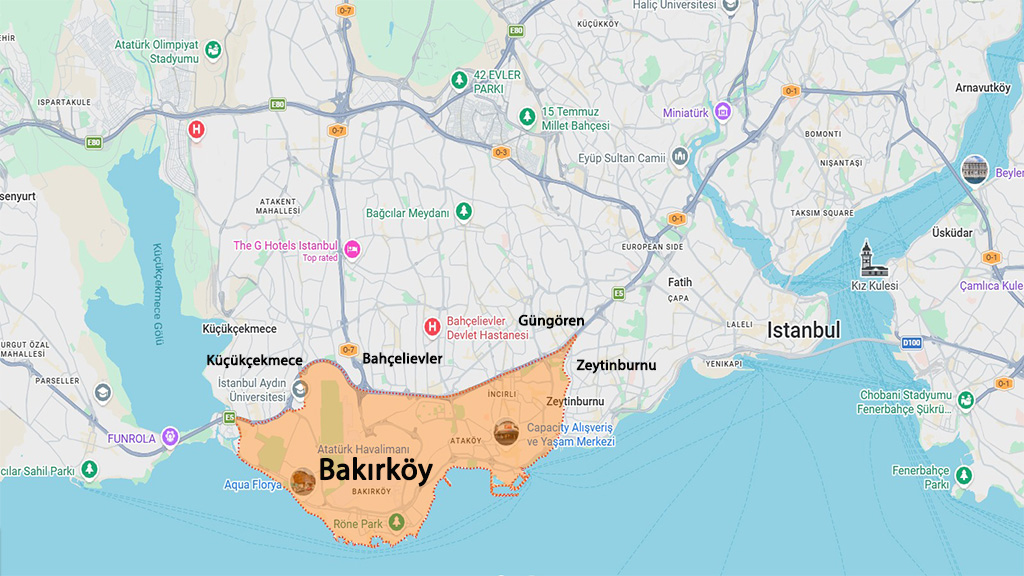 نقشه موقعیت منطقه باکیرکوی در استانبول و مناطق همسایه