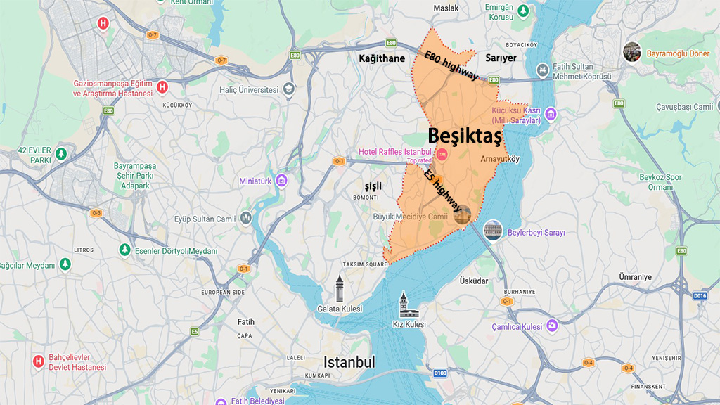 نقشه موقعیت منطقه بشیکتاش در استانبول و مناطق همسایه