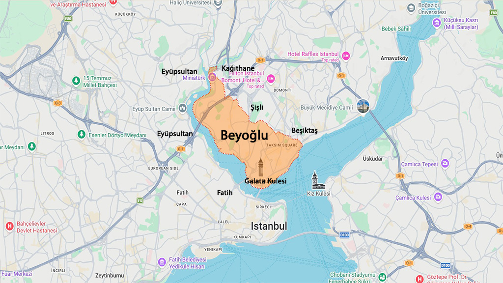 نقشه موقعیت منطقه بی اوغلو در استانبول و مناطق همسایه