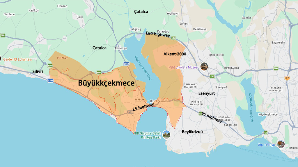 نقشه موقعیت منطقه بیوک چکمجه در استانبول و مناطق همسایه