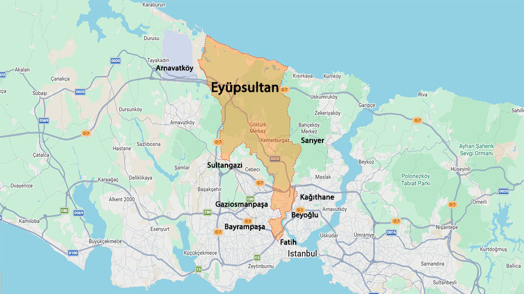 نقشه موقعیت منطقه ایوب سلطان در استانبول و مناطق همسایه