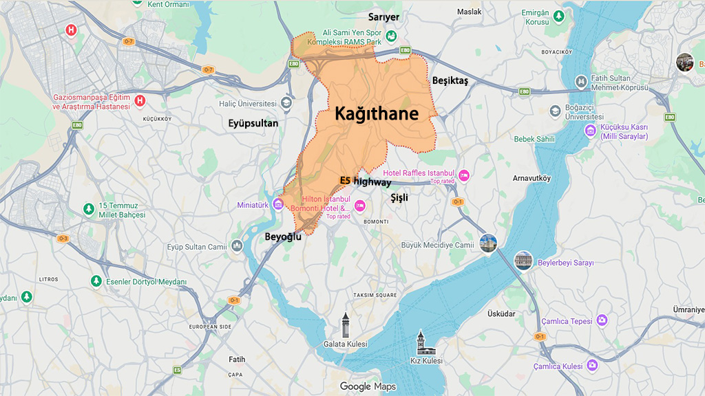 نقشه موقعیت منطقه کاییت هانه در استانبول و مناطق همسایه