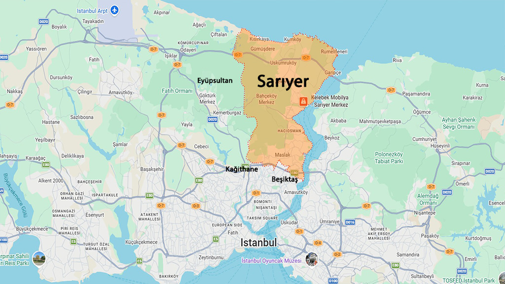 نقشه موقعیت منطقه ساری یر در استانبول و مناطق همسایه
