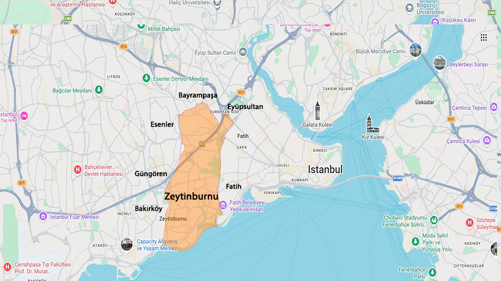 نقشه موقعیت منطقه زیتون برنو در استانبول و مناطق همسایه