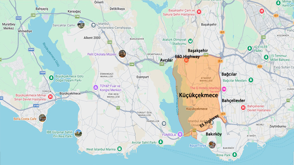 نقشه موقعیت منطقه کوچوک چکمجه در استانبول و مناطق همسایه