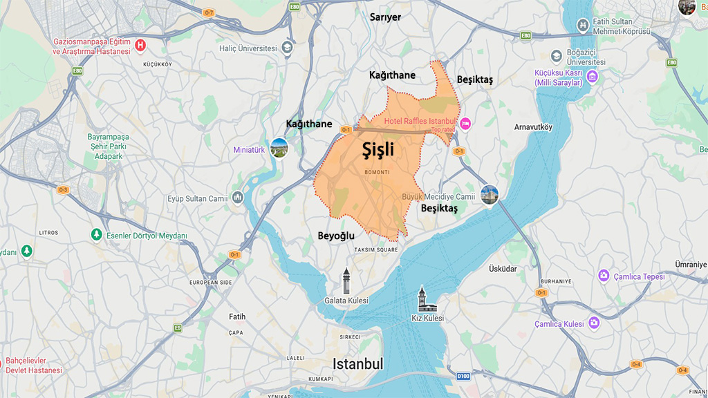 نقشه موقعیت منطقه شیشلی در استانبول و مناطق همسایه
