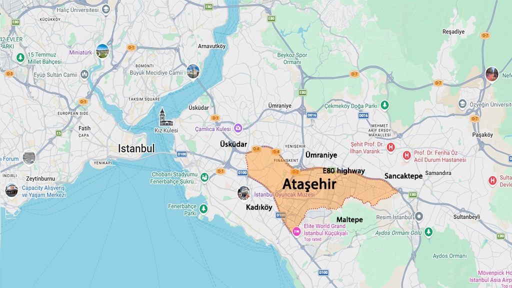 نقشه موقعیت منطقه آتاشهیر در استانبول و مناطق همسایه