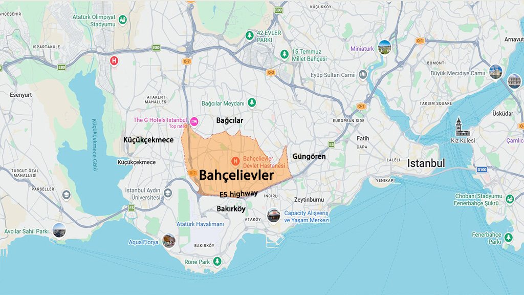 نقشه موقعیت منطقه باهچلی اولر در استانبول و مناطق همسایه