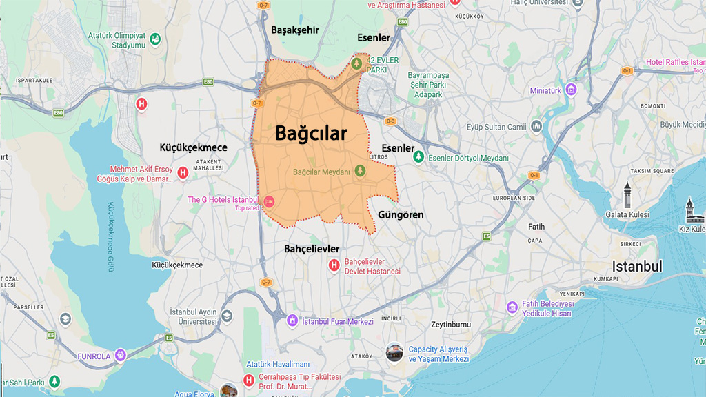 نقشه منطقه باعجیلار استانبول و مناطق اطراف برای بررسی موقعیت و خرید ملک در باعجیلار