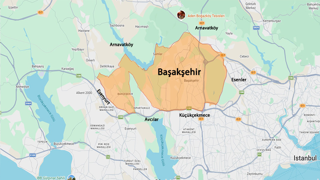 نقشه منطقه باشاک شهیر استانبول و مناطق اطراف برای بررسی موقعیت و خرید ملک در باشاک شهیر