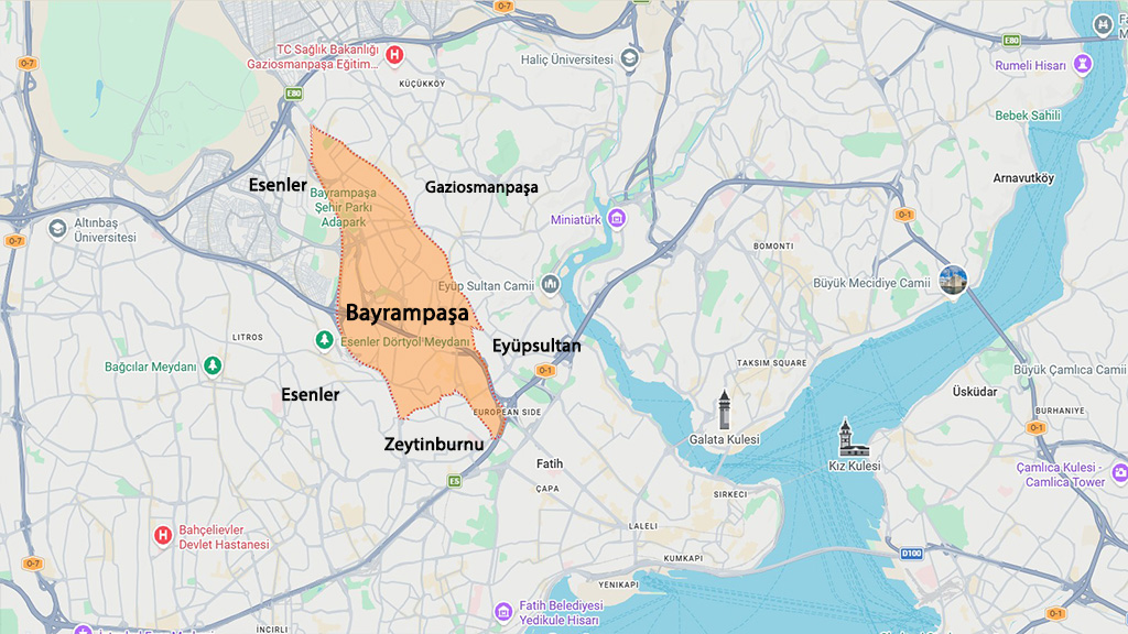 نقشه منطقه بایرام پاشا استانبول و مناطق اطراف برای بررسی موقعیت و خرید ملک در بایرام پاشا