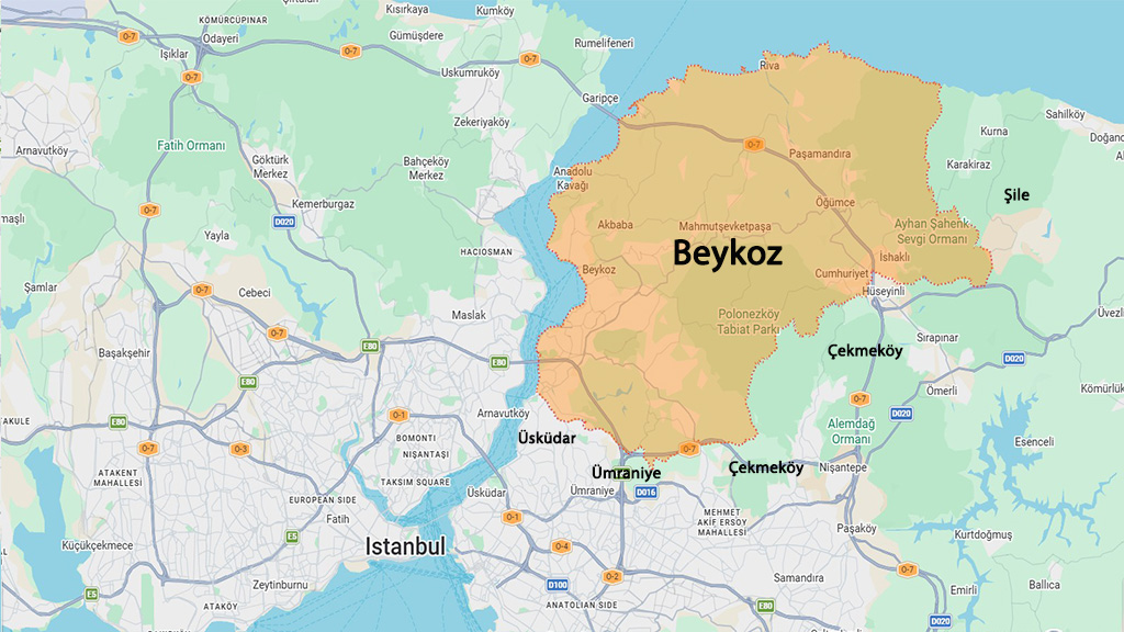 نقشه منطقه بیکوز استانبول و مناطق اطراف برای بررسی موقعیت و خرید ملک در بیکوز