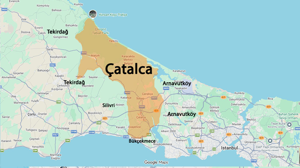 نقشه منطقه چاتالجا استانبول و مناطق اطراف برای بررسی موقعیت و خرید ملک در چاتالجا