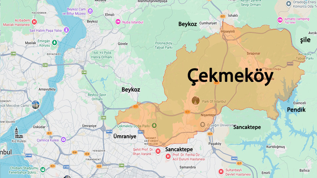 نقشه منطقه چکمه کوی استانبول و مناطق اطراف برای بررسی موقعیت و خرید ملک در چکمه کوی