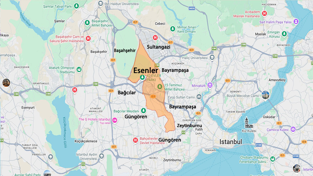 Esenler Istanbul map and surrounding areas for location overview and buying property in Esenler