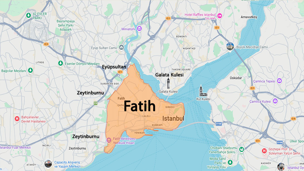 نقشه منطقه فاتیح استانبول و مناطق اطراف برای بررسی موقعیت و خرید ملک در فاتیح