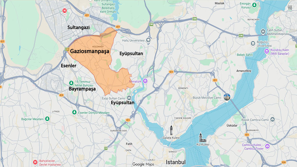 نقشه منطقه قاضی عثمان پاشا استانبول و مناطق اطراف برای بررسی موقعیت و خرید ملک در قاضی عثمان پاشا