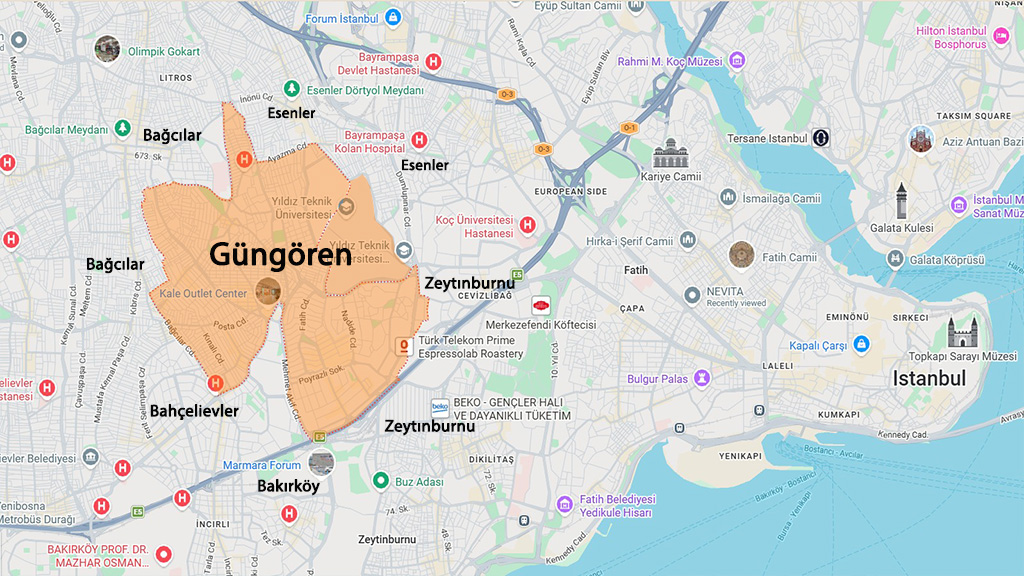 نقشه منطقه گون گورن استانبول و مناطق اطراف برای بررسی موقعیت و خرید ملک در گون گورن