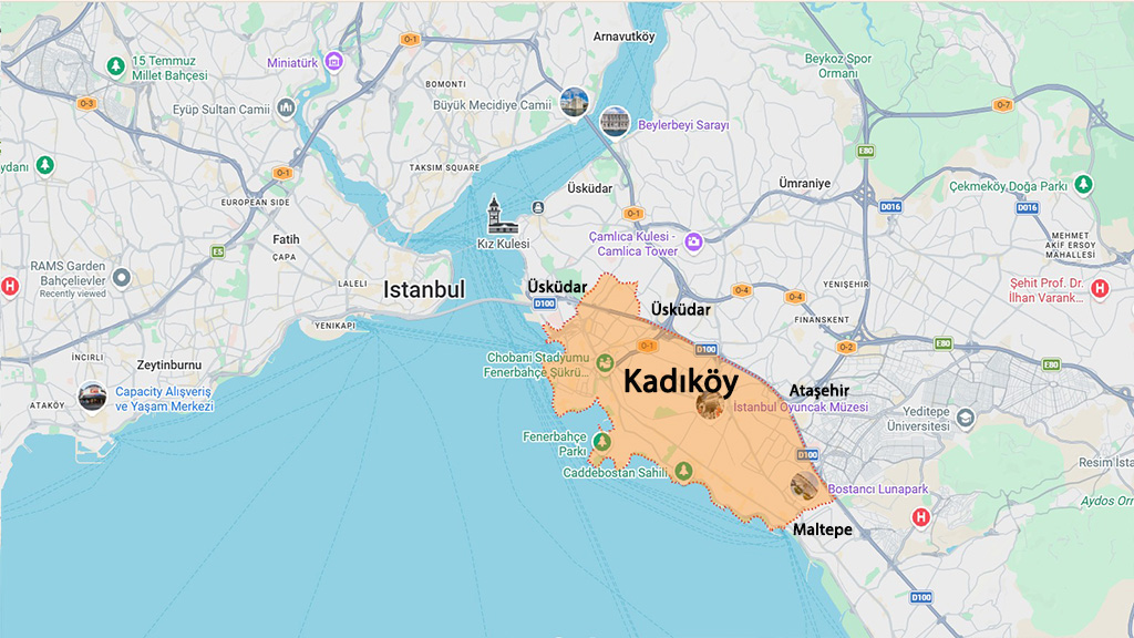 نقشه موقعیت منطقه کادیکوی در استانبول و مناطق همسایه