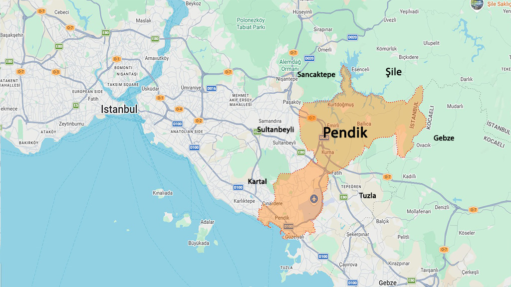 نقشه منطقه پندیک استانبول و مناطق اطراف برای بررسی موقعیت و خرید ملک در پندیک