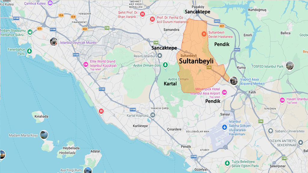 نقشه منطقه سلطان بی لی استانبول و مناطق اطراف برای بررسی موقعیت و خرید ملک در سلطان بی لی