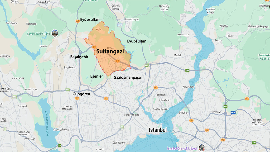 نقشه منطقه سلطان قاضی استانبول و مناطق اطراف برای بررسی موقعیت و خرید ملک در سلطان قاضی