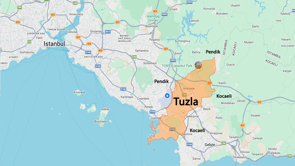 نقشه منطقه توزلا استانبول و مناطق اطراف برای بررسی موقعیت و خرید ملک در توزلا
