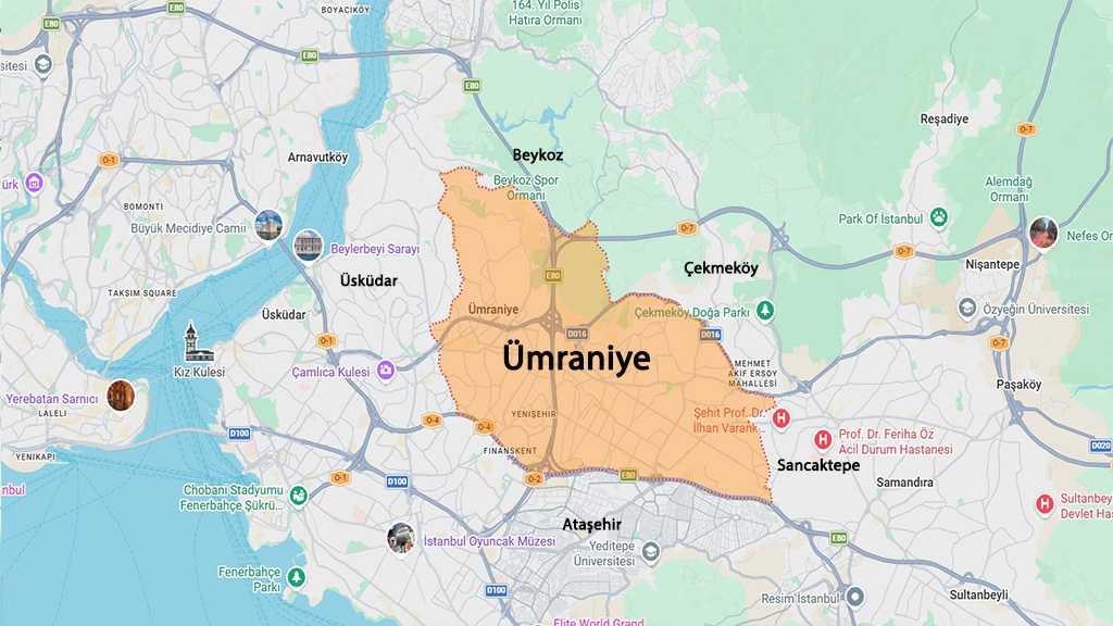 نقشه منطقه عمرانیه استانبول و مناطق اطراف برای بررسی موقعیت و خرید ملک در عمرانیه