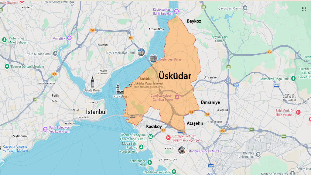 نقشه موقعیت منطقه اسکودار در استانبول و مناطق همسایه