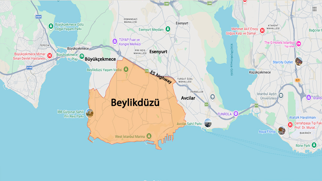 نقشه منطقه بیلیکدوزو استانبول و مناطق اطراف برای بررسی موقعیت و خرید ملک در بیلیکدوزو