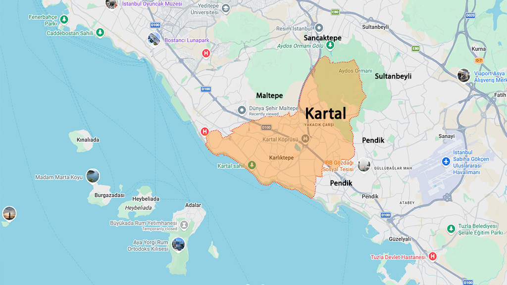 Kartal Istanbul map and surrounding districts for location overview and buying property in Kartal