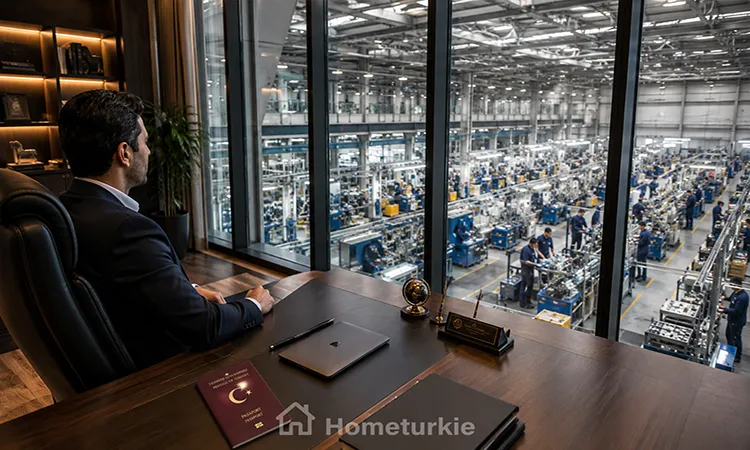 Turkish passport through entrepreneurship and job creation with factory manager overseeing workers from office