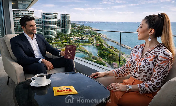 Turkish passport through property purchase with couple holding passports on luxury balcony overlooking sea and green landscape