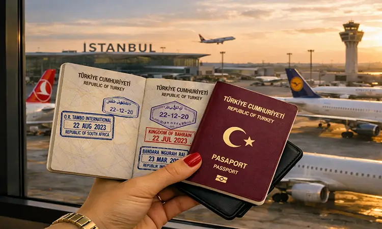Turkish passport showing visa-free countries travel access stamp
